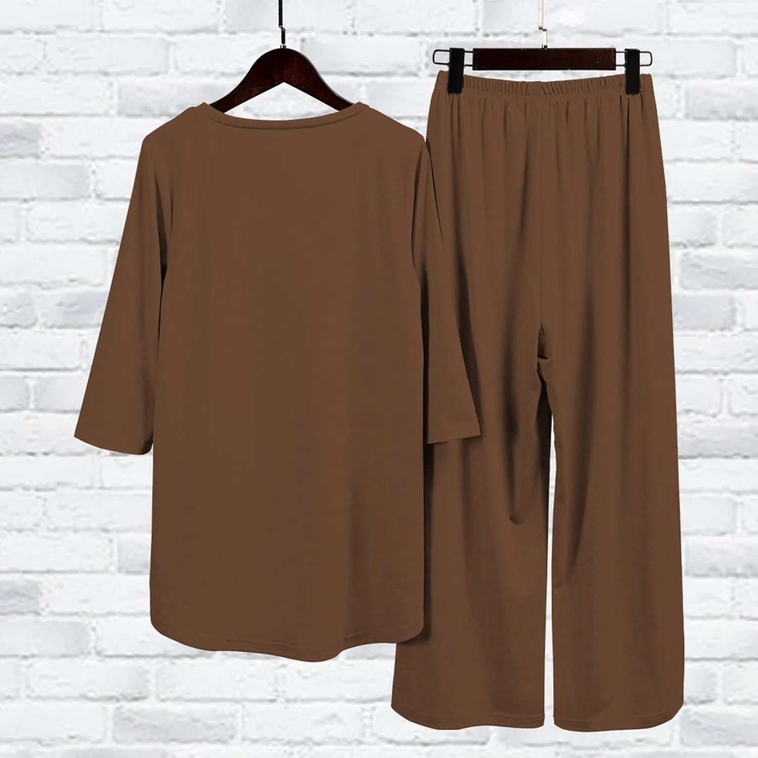 Brown Three-Quarter Sleeve Hi-Low Tunic & Wide-Leg Pants sold by Zulily product image thumbnail 2