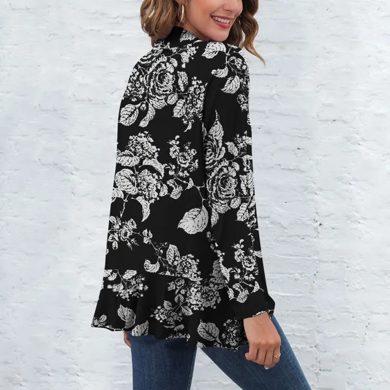 Black Floral Leaf Print Open Front Long Sleeve Cardigan sold by Zulily