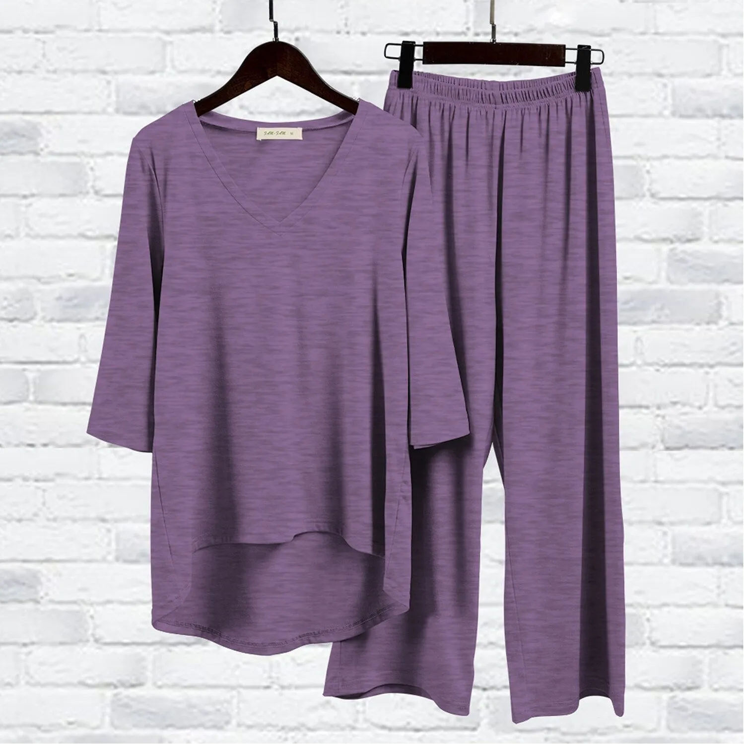 Purple Three-Quarter Sleeve Hi-Low Tunic & Wide-Leg Pants sold by Zulily product image thumbnail 3