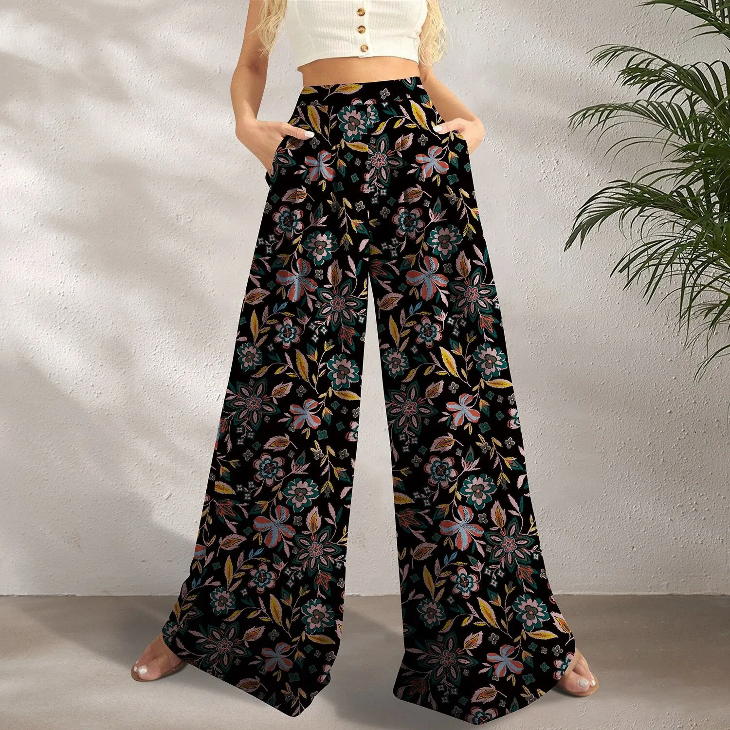 Black & Multi Color Floral Print Wide-Leg Pants sold by Zulily product image thumbnail 2