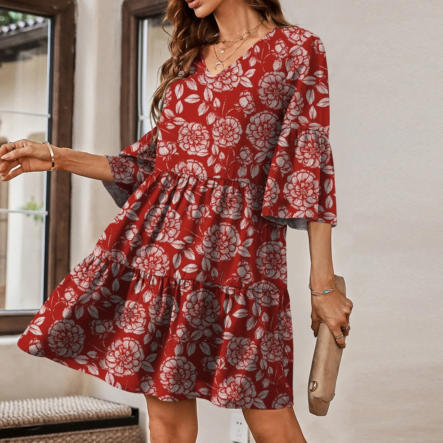 Red Floral Print V-Neck Three Quarter Sleeve Dress sold by Zulily product image thumbnail 2