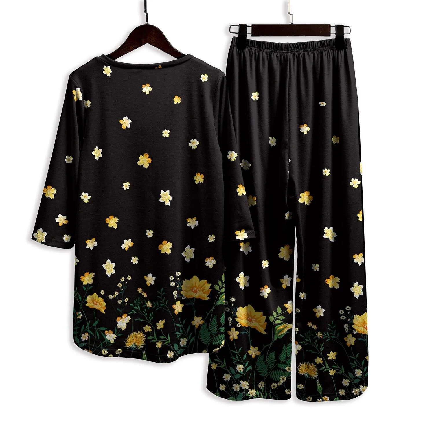 Black & Mustard Floral Print Three-Quarter Sleeve Hi-Low Tunic & Wide-Leg Pants sold by Zulily product image thumbnail 4