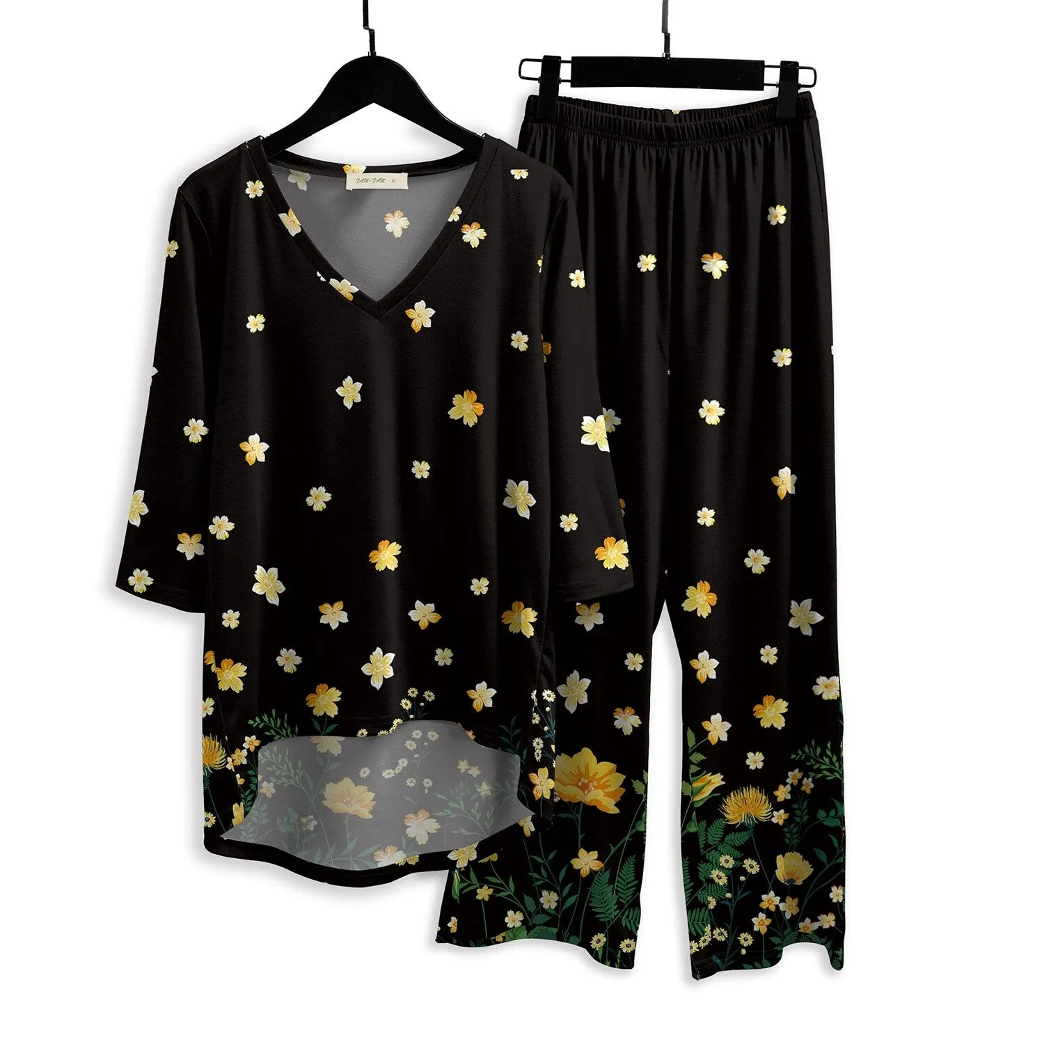 Black & Mustard Floral Print Three-Quarter Sleeve Hi-Low Tunic & Wide-Leg Pants sold by Zulily product image thumbnail 3