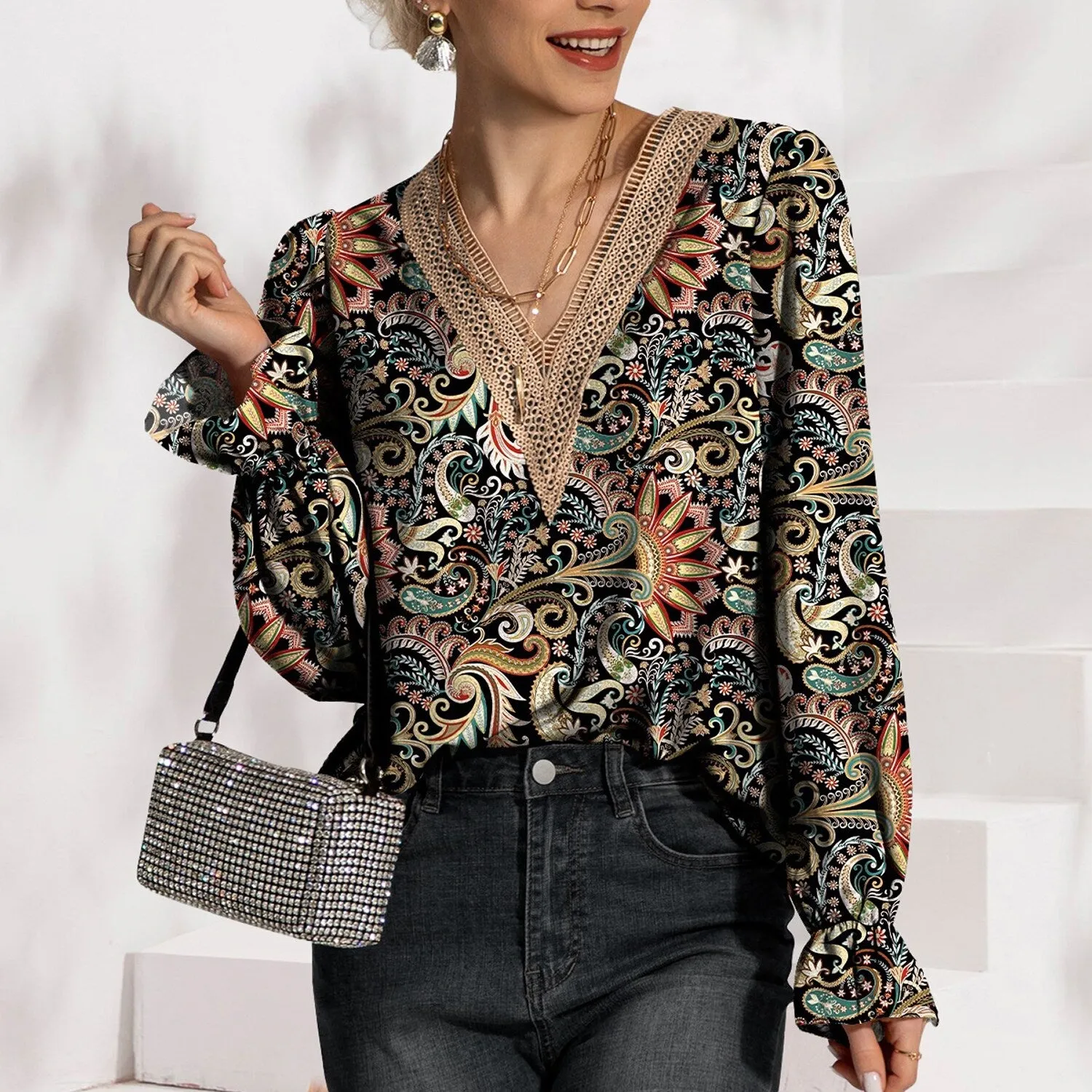 Black & Multi Color Floral Paisley Print Eyelet V-Neck Flounce Sleeve Blouse sold by Zulily product image thumbnail 2