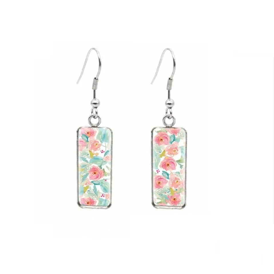 Pastel Pink Flowers Stainless Steel Glass Dome Rectangular Drop Earrings sold by Zulily