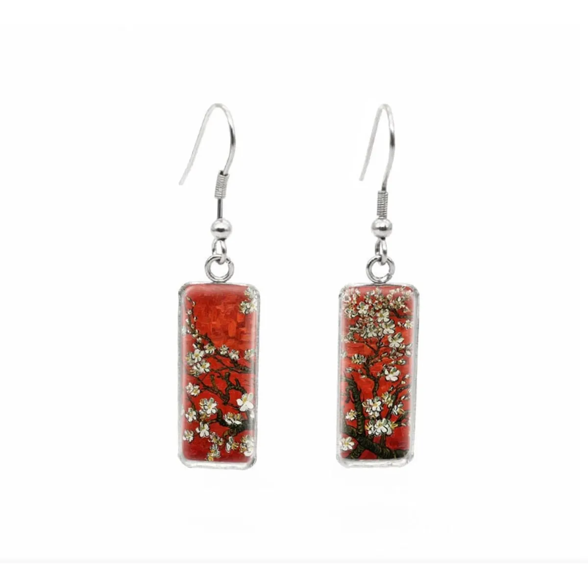 Red Cherry Blossom Stainless Steel Glass Dome Rectangular Drop Earrings sold by Zulily