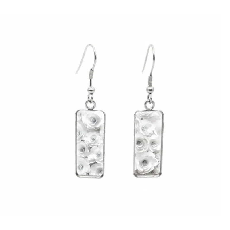 White Roses Stainless Steel Glass Dome Rectangular Drop Earrings sold by Zulily