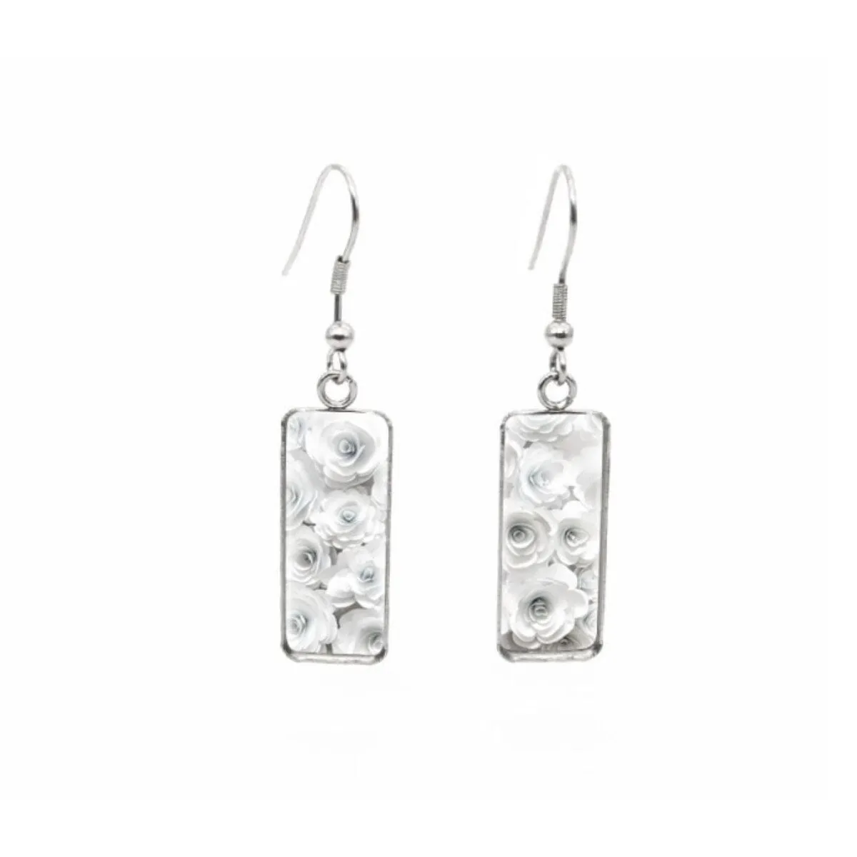 White Roses Stainless Steel Glass Dome Rectangular Drop Earrings sold by Zulily