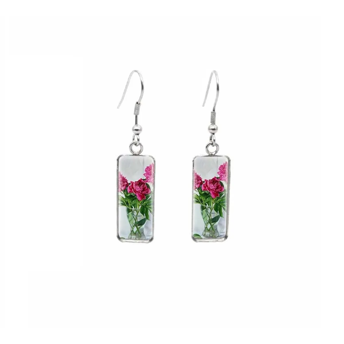 Fuchsia Roses Stainless Steel Glass Dome Rectangular Drop Earrings sold by Zulily