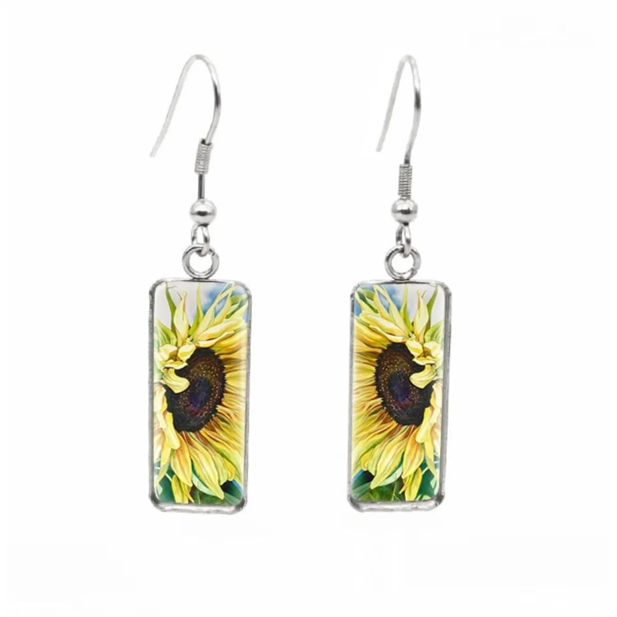 Classic Sunflower Stainless Steel Glass Dome Rectangular Drop Earrings sold by Zulily