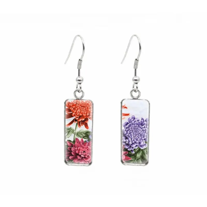 Multi Colored Peonies Stainless Steel Glass Dome Rectangular Drop Earrings sold by Zulily