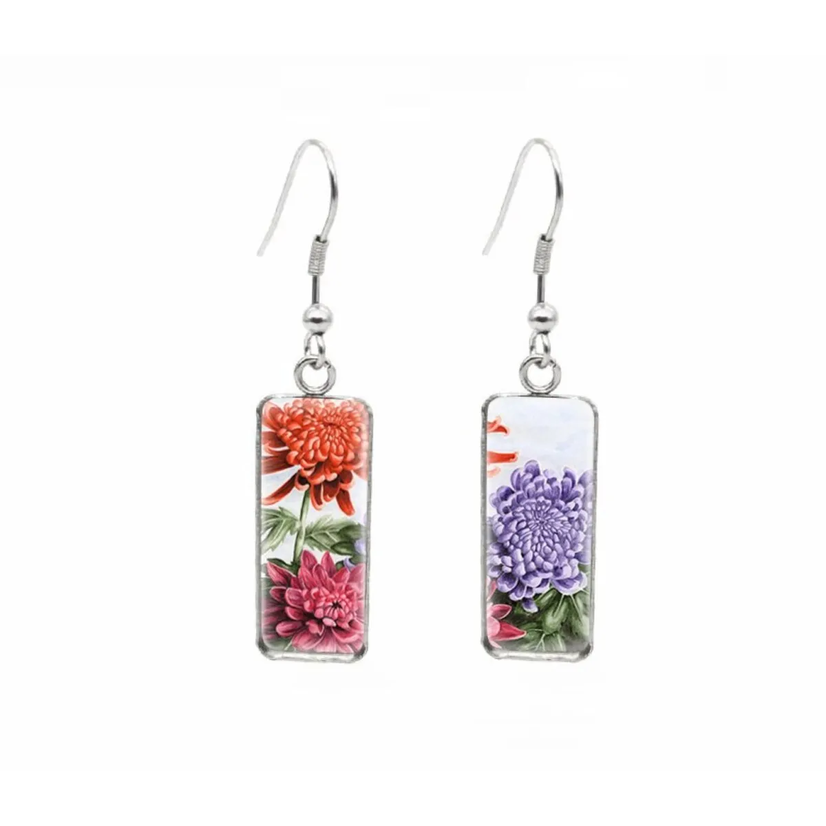 Multi Colored Peonies Stainless Steel Glass Dome Rectangular Drop Earrings sold by Zulily
