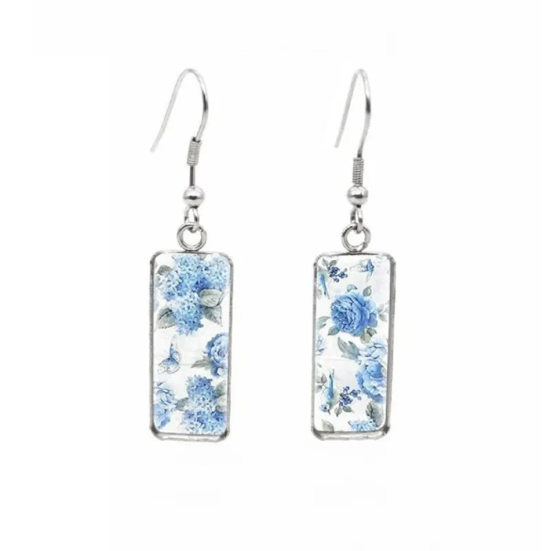 Blue Peonies Stainless Steel Glass Dome Rectangular Drop Earrings sold by Zulily