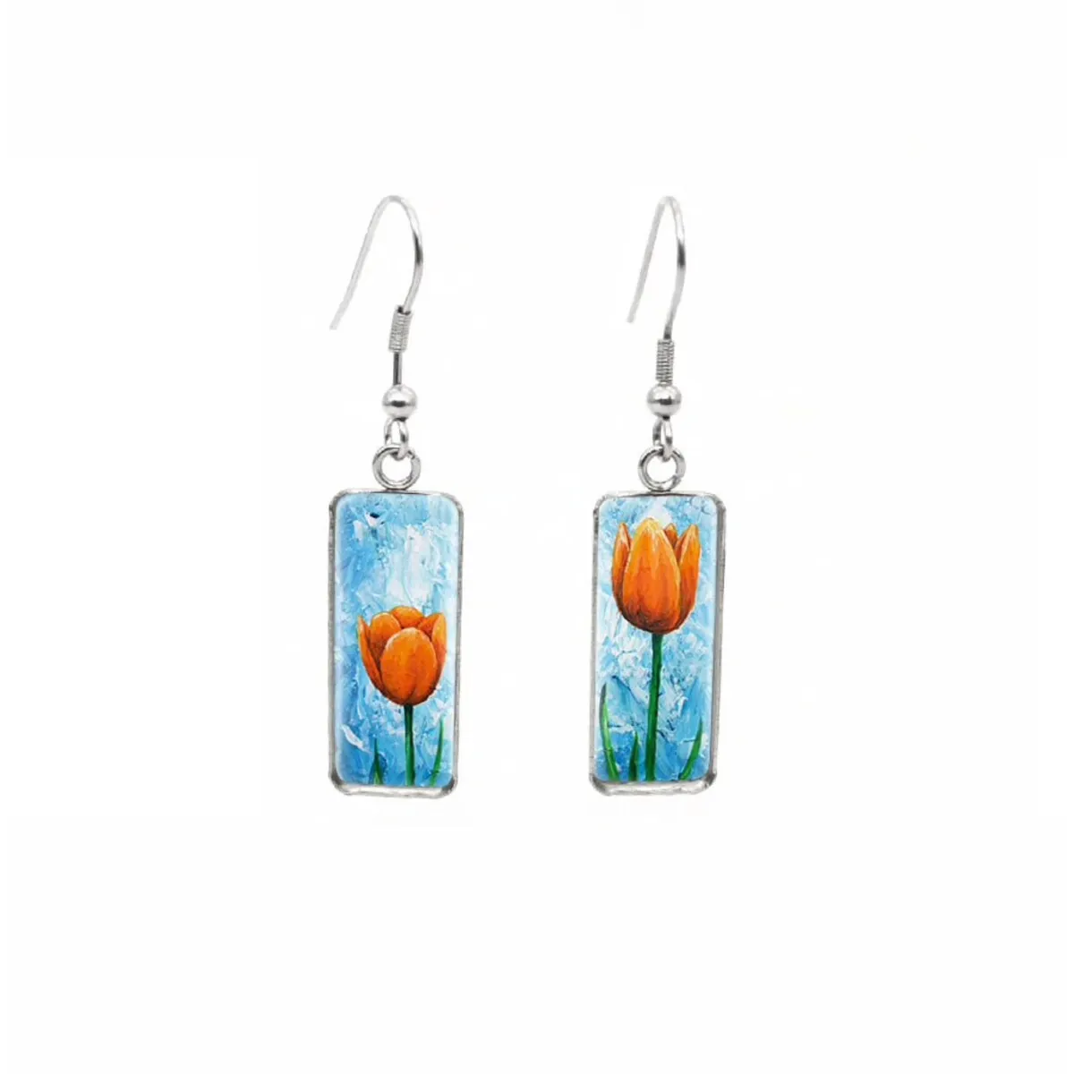 Orange Tulips Stainless Steel Glass Dome Rectangular Drop Earrings sold by Zulily