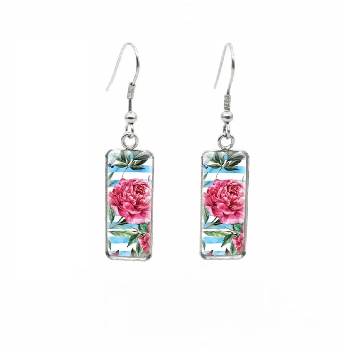 Striped Pink Flower Stainless Steel Glass Dome Rectangular Drop Earrings sold by Zulily