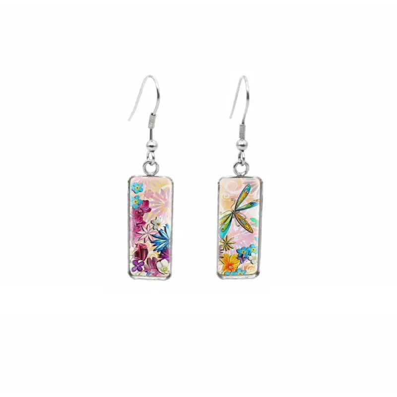 Floral Dragonfly Stainless Steel Glass Dome Rectangular Drop Earrings sold by Zulily