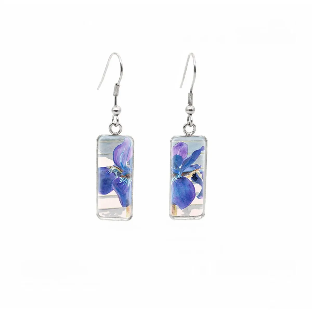 Irises Flowers Stainless Steel Glass Dome Rectangular Drop Earrings sold by Zulily