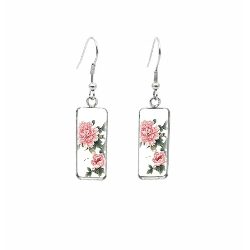 Pink Peonies Stainless Steel Glass Dome Rectangular Drop Earrings sold by Zulily