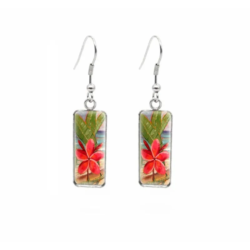 Flower on Beach Stainless Steel Glass Dome Rectangular Drop Earrings sold by Zulily