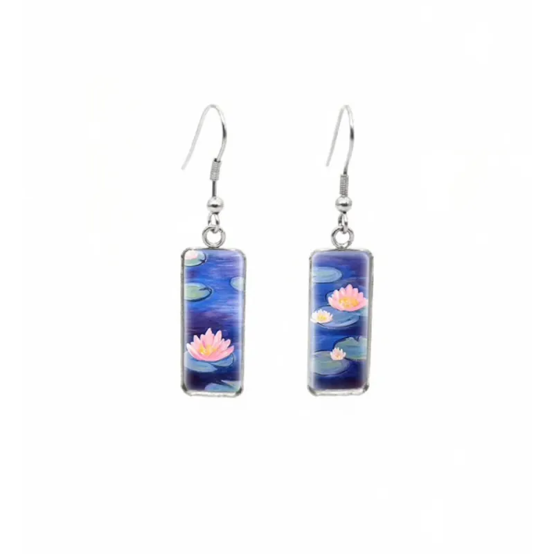 Lillies on Pond Stainless Steel Glass Dome Rectangular Drop Earrings sold by Zulily