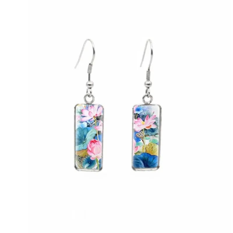 Pink Mix Floral Stainless Steel Glass Dome Rectangular Drop Earrings sold by Zulily
