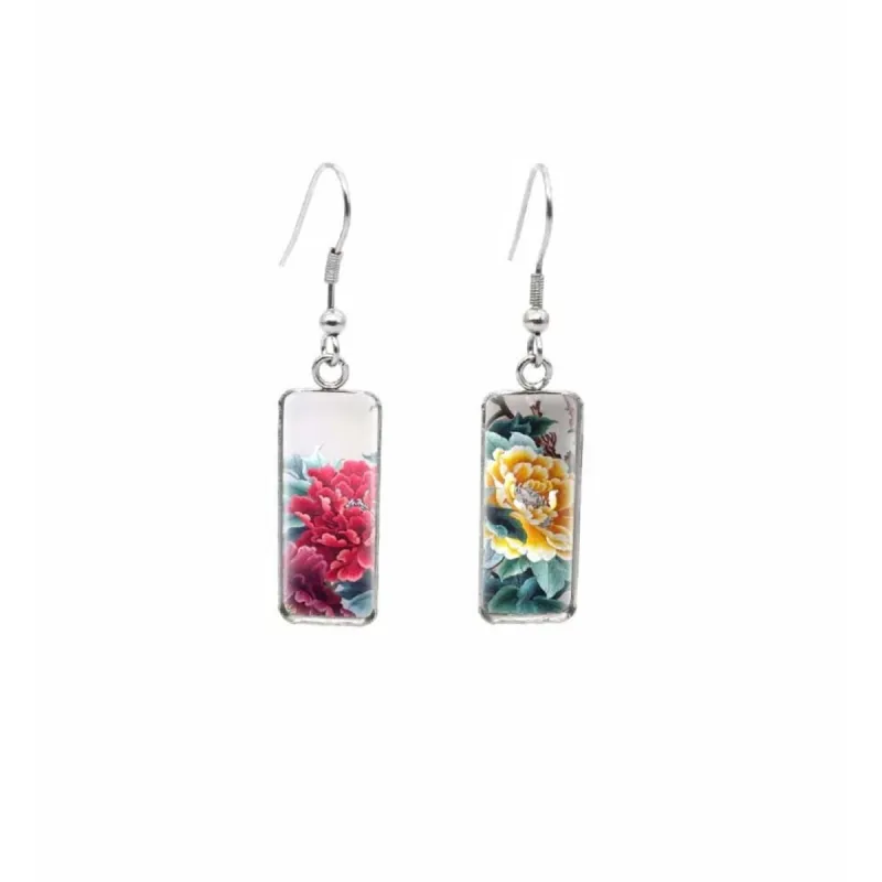 Pink & Yellow Flowers Stainless Steel Glass Dome Rectangular Drop Earrings sold by Zulily