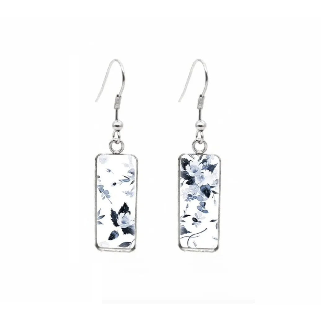 Blue Floral Stainless Steel Glass Dome Rectangular Drop Earrings sold by Zulily