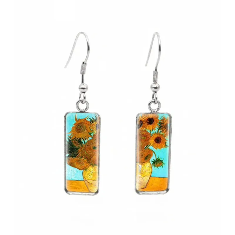 Sunflowers in Vase Stainless Steel Glass Dome Rectangular Drop Earrings sold by Zulily