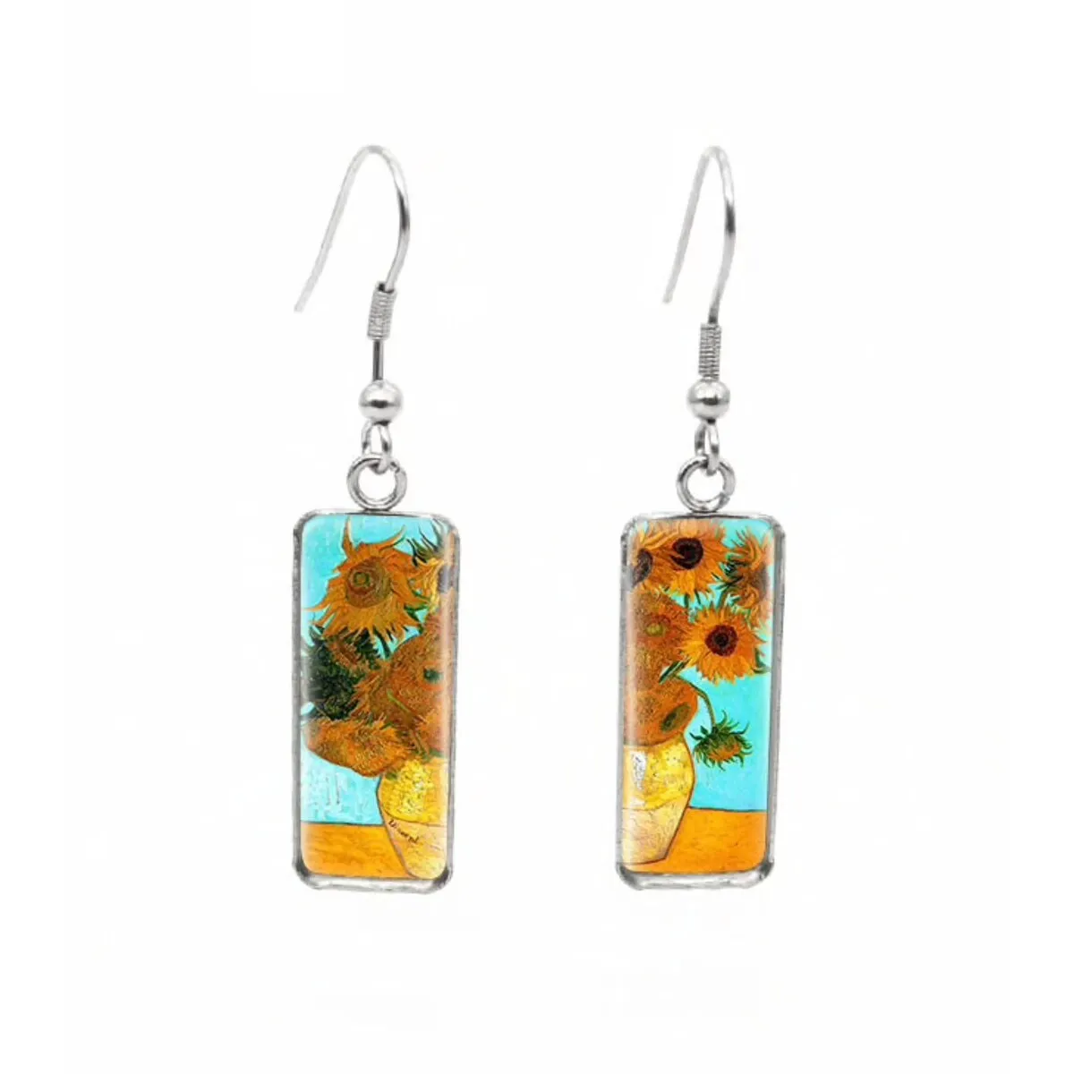 Sunflowers in Vase Stainless Steel Glass Dome Rectangular Drop Earrings sold by Zulily