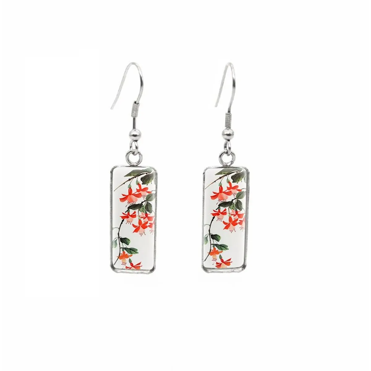 Red Flowers on Vine Stainless Steel Glass Dome Rectangular Drop Earrings sold by Zulily
