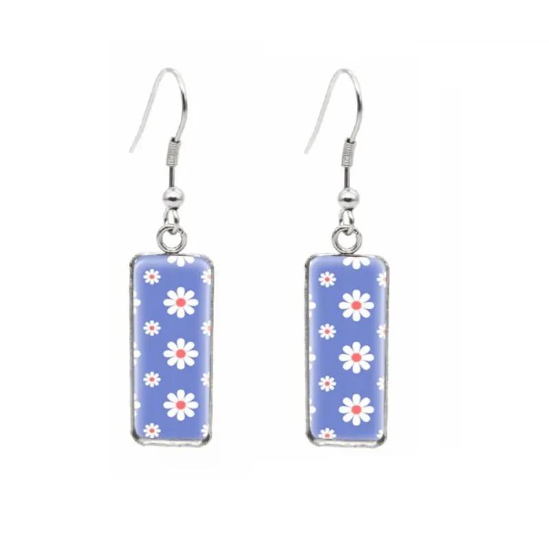 Retro Daisies Stainless Steel Glass Dome Rectangular Drop Earrings sold by Zulily