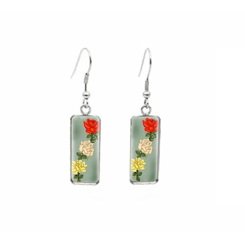Red White & Yellow Flowers Stainless Steel Glass Dome Rectangular Drop Earrings sold by Zulily