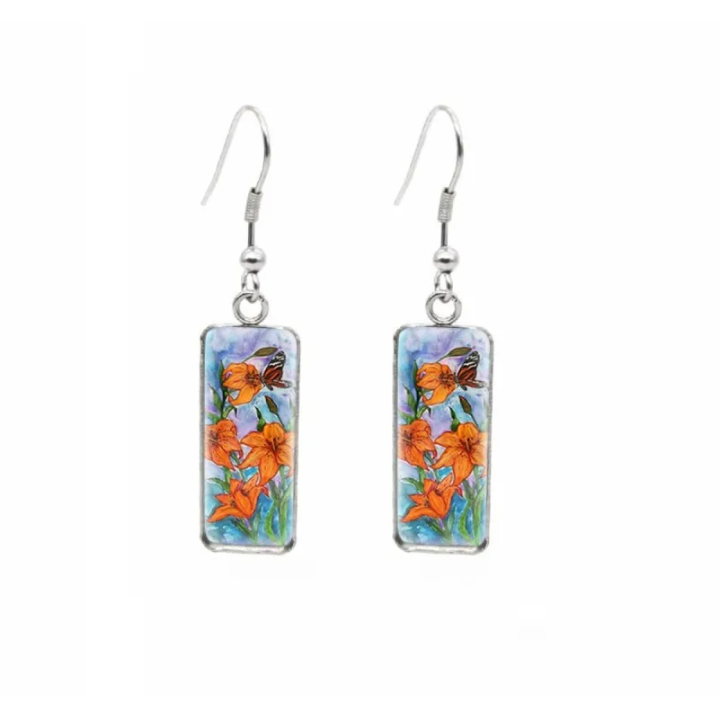 Orange Tiger Lillies Stainless Steel Glass Dome Rectangular Drop Earrings sold by Zulily