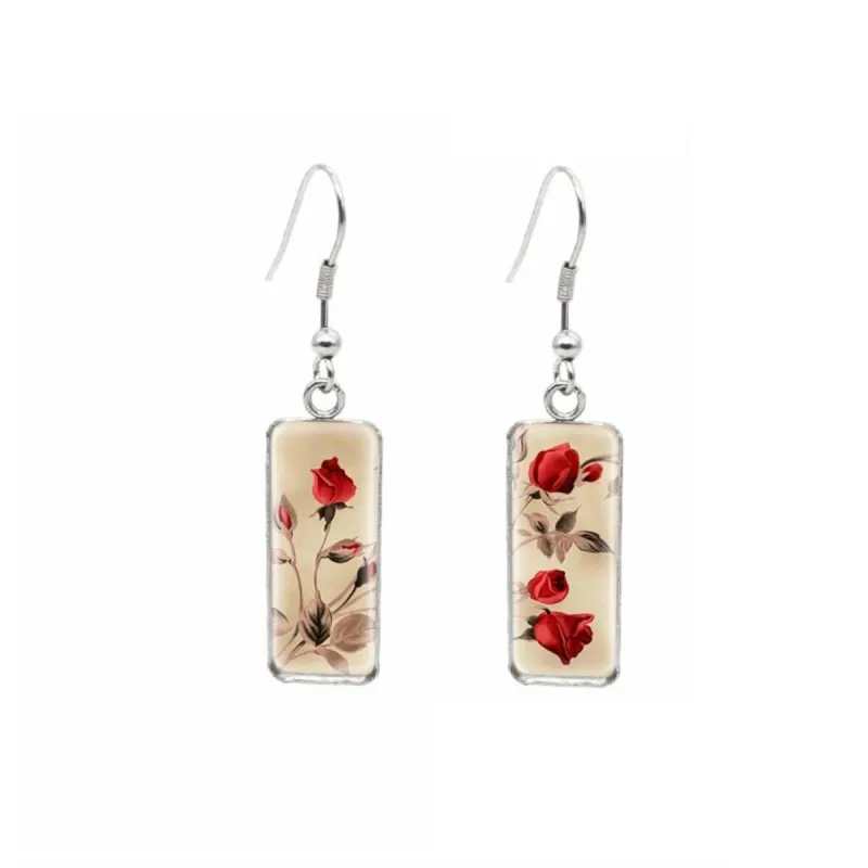 Vintage Flowers Stainless Steel Glass Dome Rectangular Drop Earrings sold by Zulily