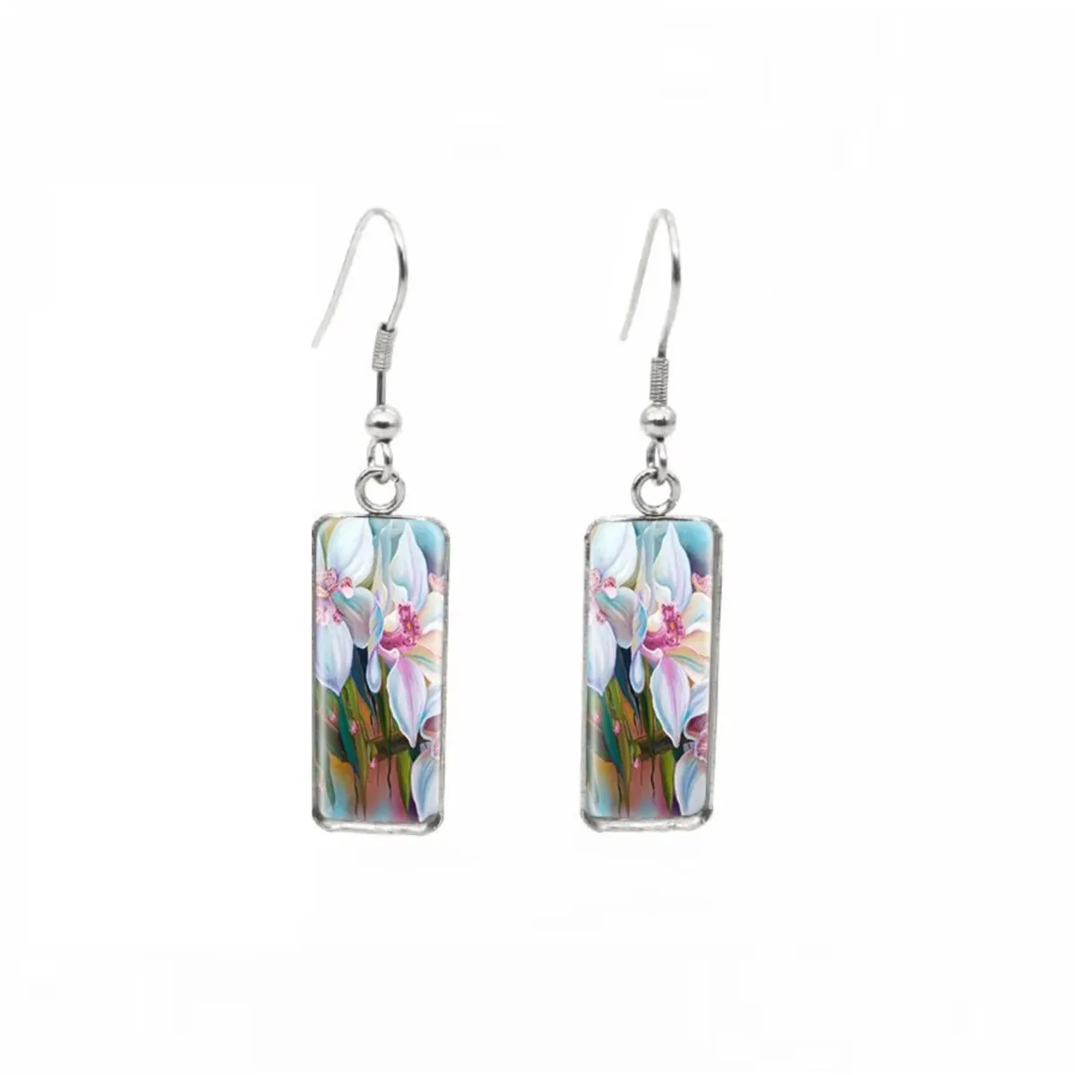 White Pink Flowers Stainless Steel Glass Dome Rectangular Drop Earrings sold by Zulily