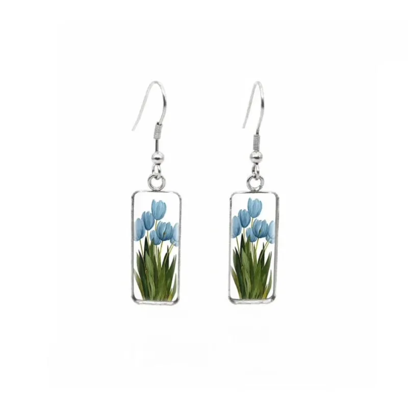 Blue Tulips Stainless Steel Glass Dome Rectangular Drop Earrings sold by Zulily