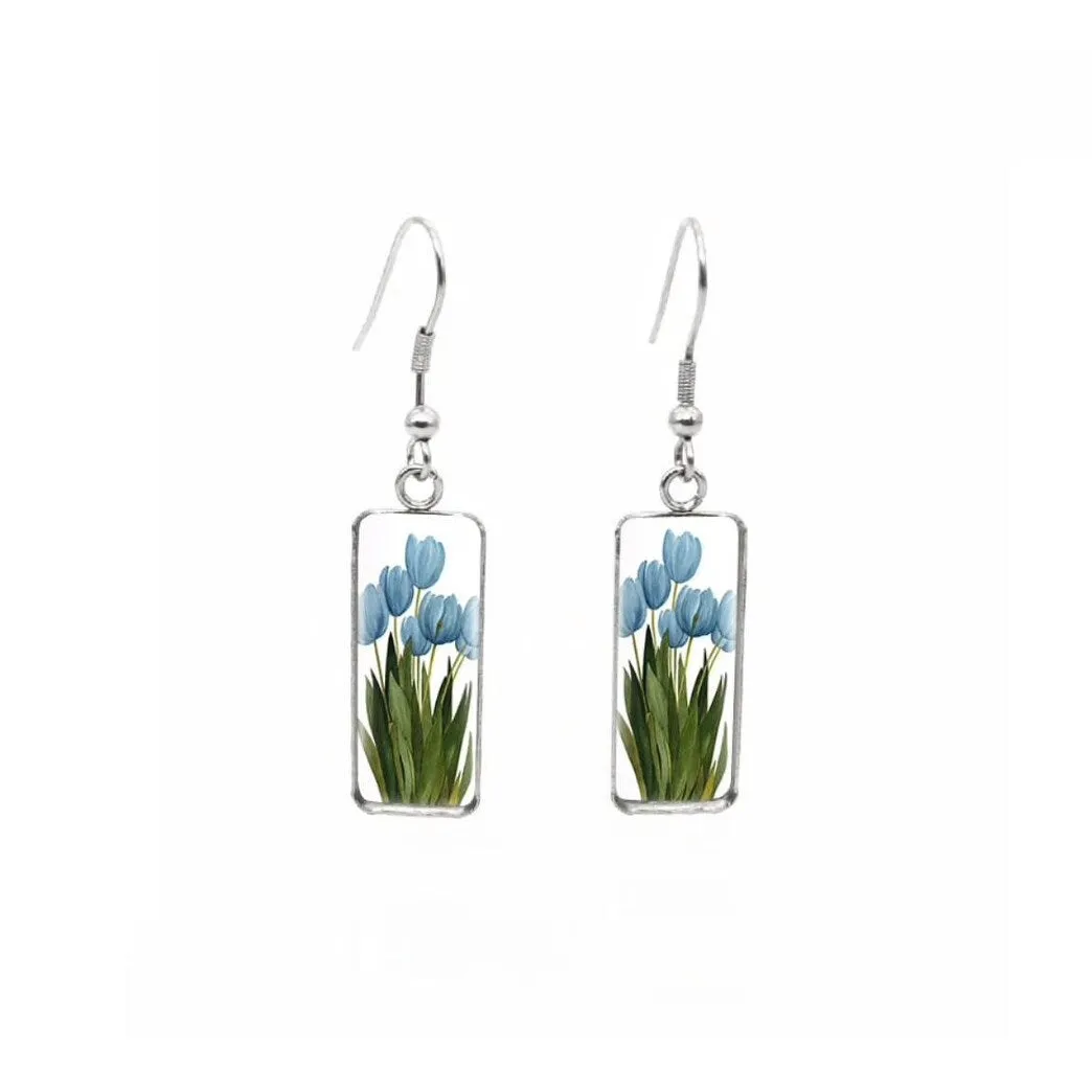 Blue Tulips Stainless Steel Glass Dome Rectangular Drop Earrings sold by Zulily