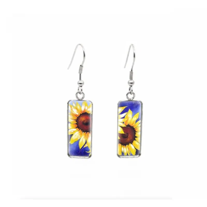 Big Sunflowers Stainless Steel Glass Dome Rectangular Drop Earrings sold by Zulily