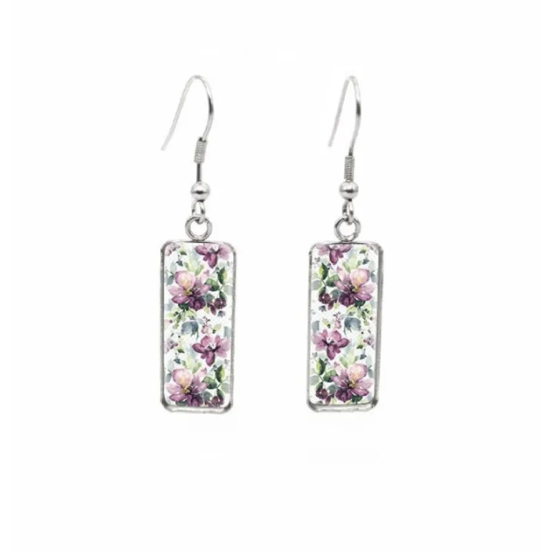 Purple & Green Floral Stainless Steel Glass Dome Rectangular Drop Earrings sold by Zulily