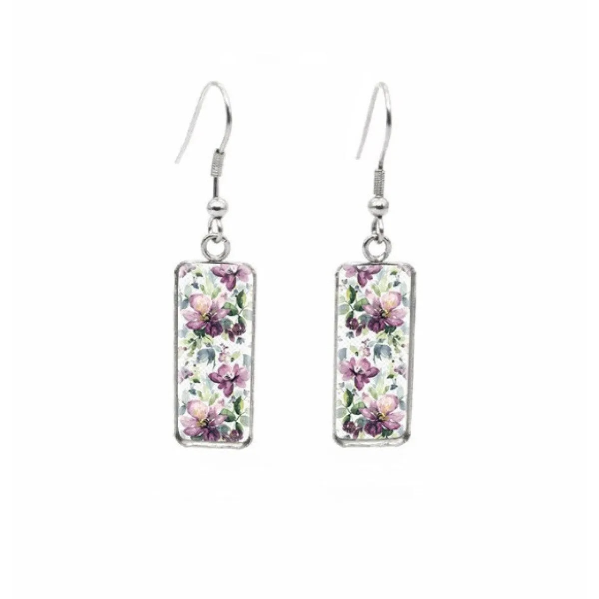 Purple & Green Floral Stainless Steel Glass Dome Rectangular Drop Earrings sold by Zulily