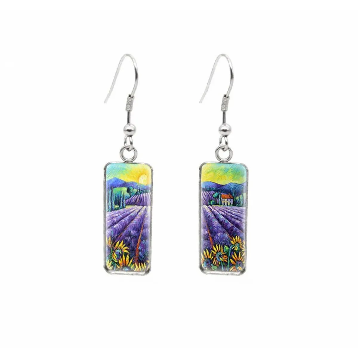 Lavender Fields Stainless Steel Glass Dome Rectangular Drop Earrings sold by Zulily