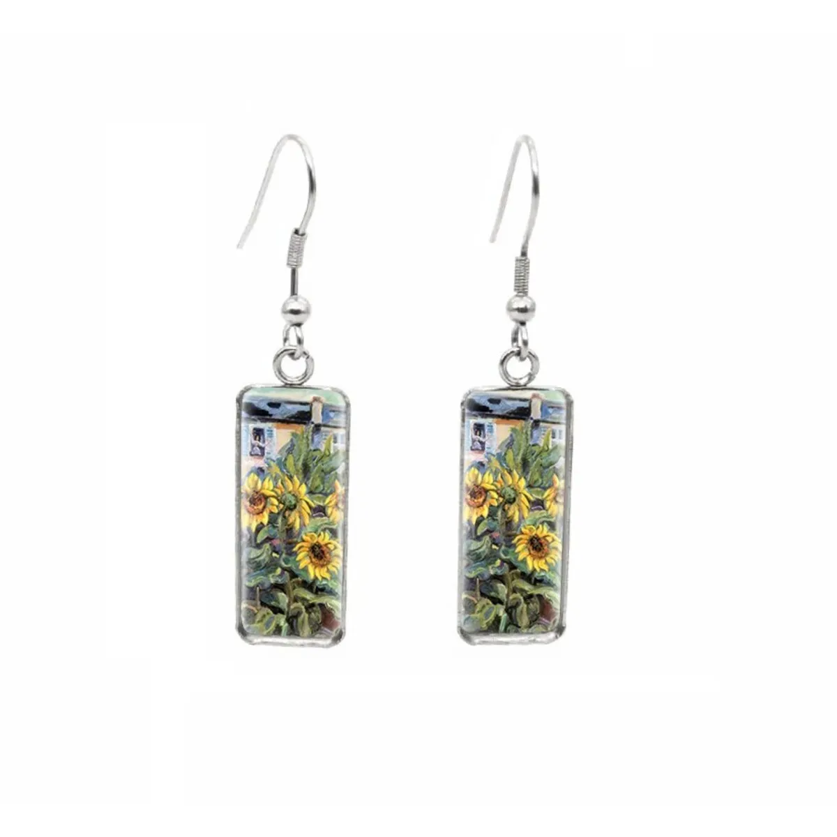 Sunflowers Stainless Steel Glass Dome Rectangular Drop Earrings sold by Zulily