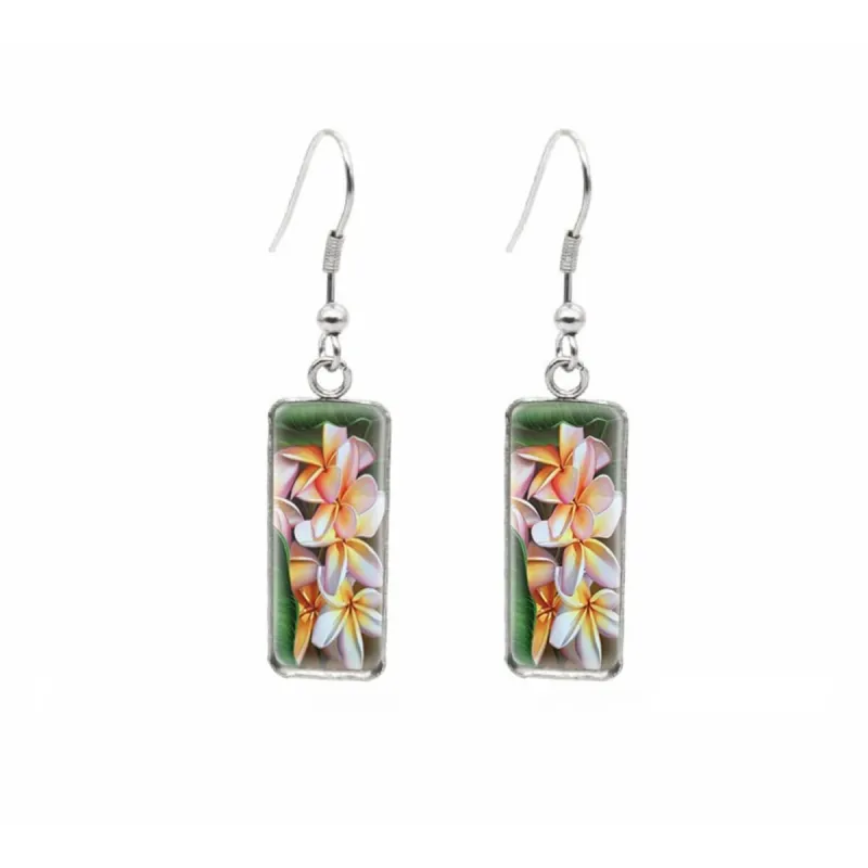 White Tropical Flowers Stainless Steel Glass Dome Rectangular Drop Earrings sold by Zulily