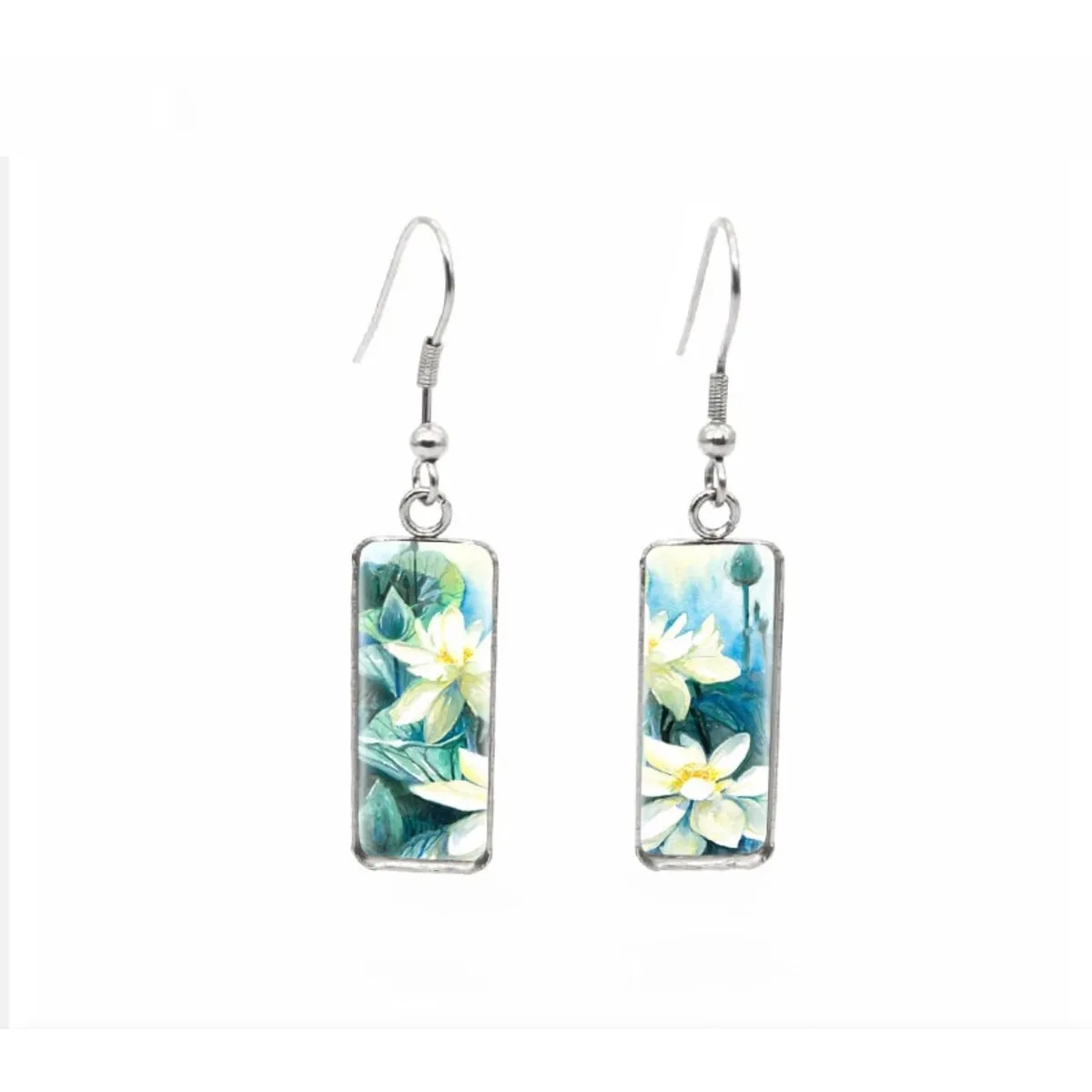 White Watercolor Flowers Stainless Steel Glass Dome Rectangular Drop Earrings sold by Zulily
