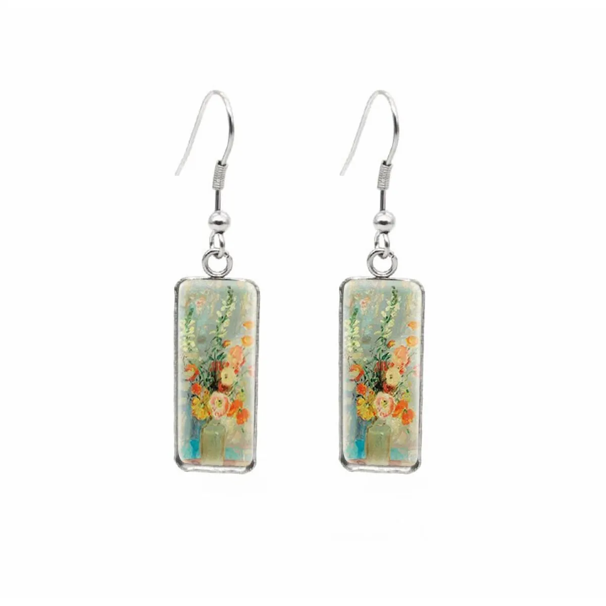 Vintage Colourful Flowers Stainless Steel Glass Dome Rectangular Drop Earrings sold by Zulily