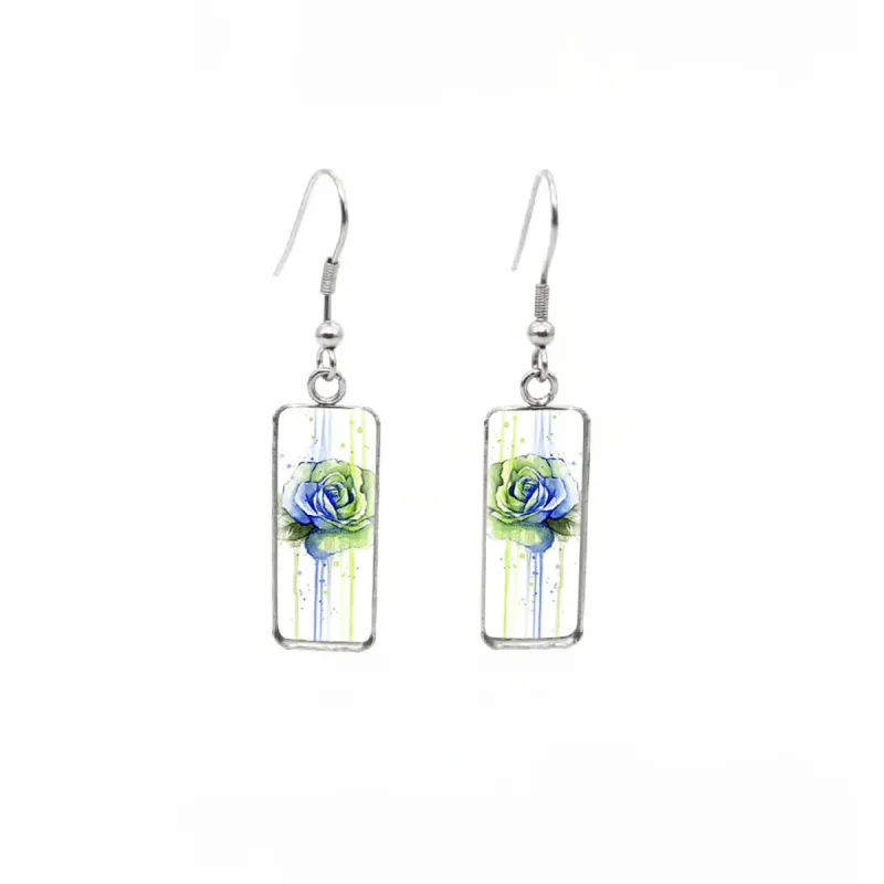 Green Blue Rose Stainless Steel Glass Dome Rectangular Drop Earrings sold by Zulily