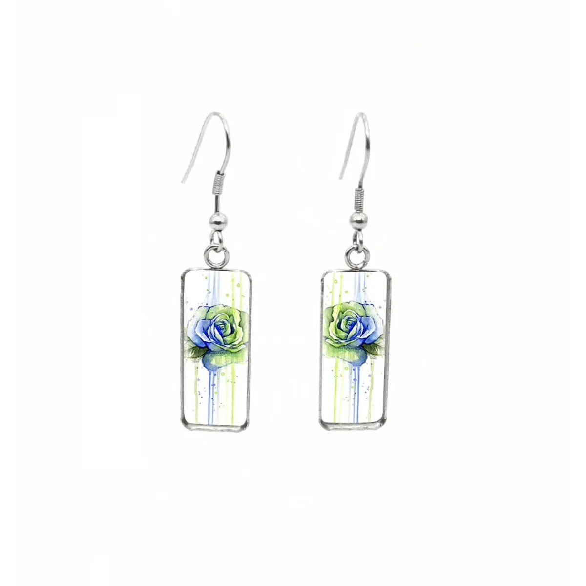 Green Blue Rose Stainless Steel Glass Dome Rectangular Drop Earrings sold by Zulily