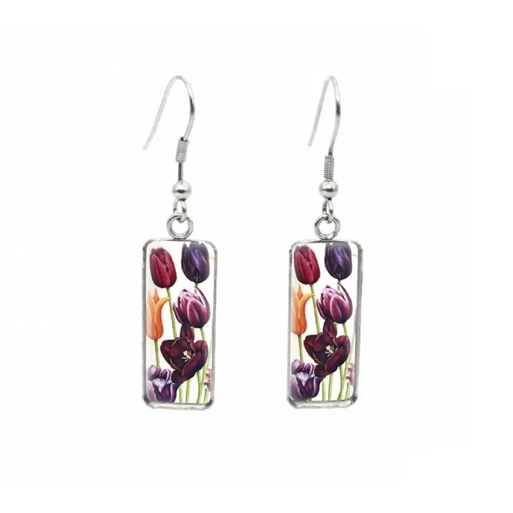 Multi Colored Tulips Stainless Steel Glass Dome Rectangular Drop Earrings sold by Zulily