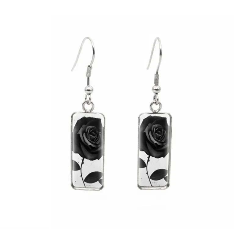 Black Rose Stainless Steel Glass Dome Rectangular Drop Earrings sold by Zulily