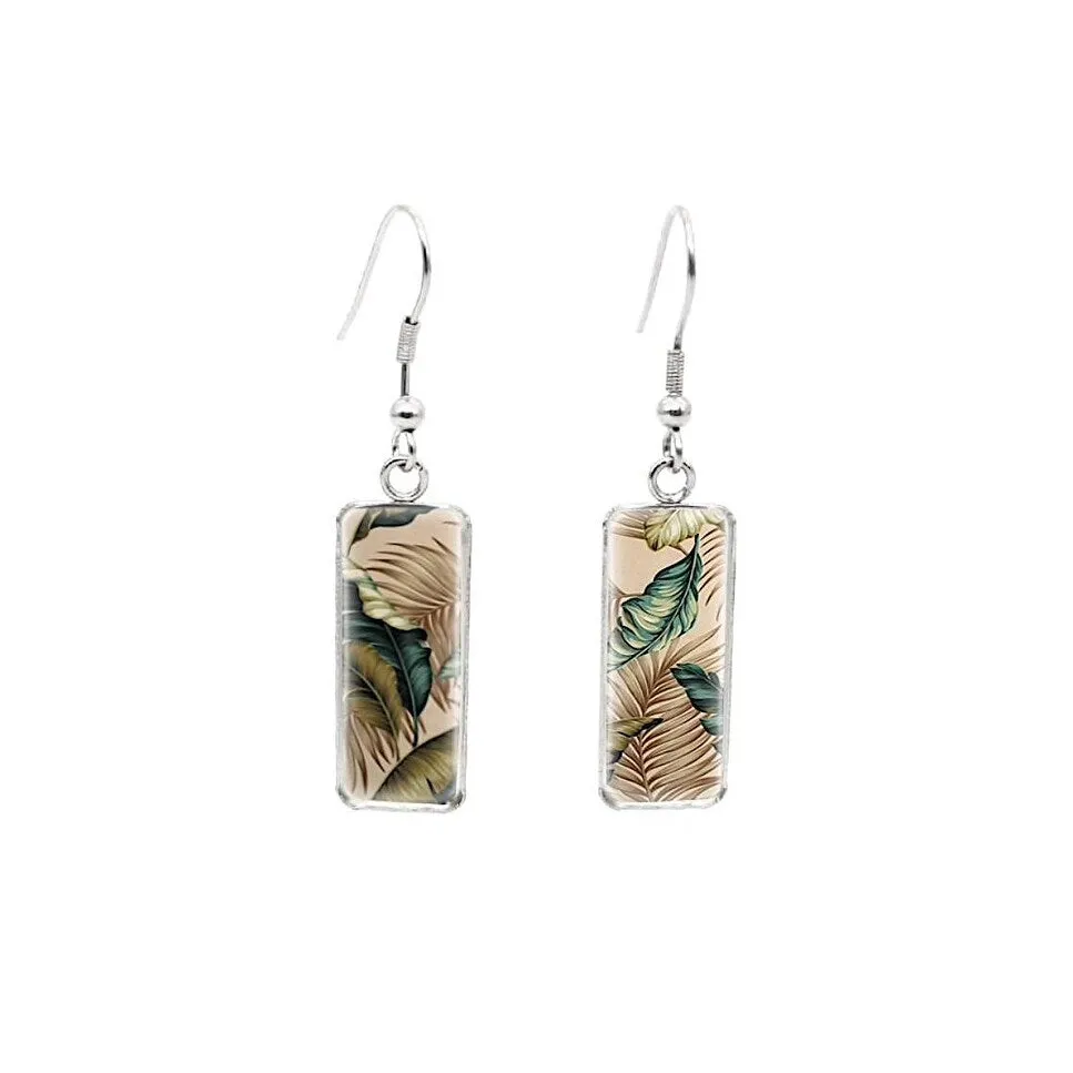 Brown Green Leaves Stainless Steel Glass Dome Rectangular Drop Earrings sold by Zulily